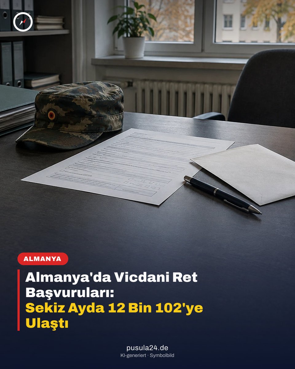 Pusula24de's tweet photo. Almanya’da vicdani ret başvuruları ağustos sonuna kadar 12 bin 102’ye çıktı; bu, 2025’in tamamındaki sayının üç katından fazla. Yeni askerlik düzenlemesi gençlerin tutumunu nasıl etkiler? #Pusula24 #Almanya https://t.co/NMcjMUasLu