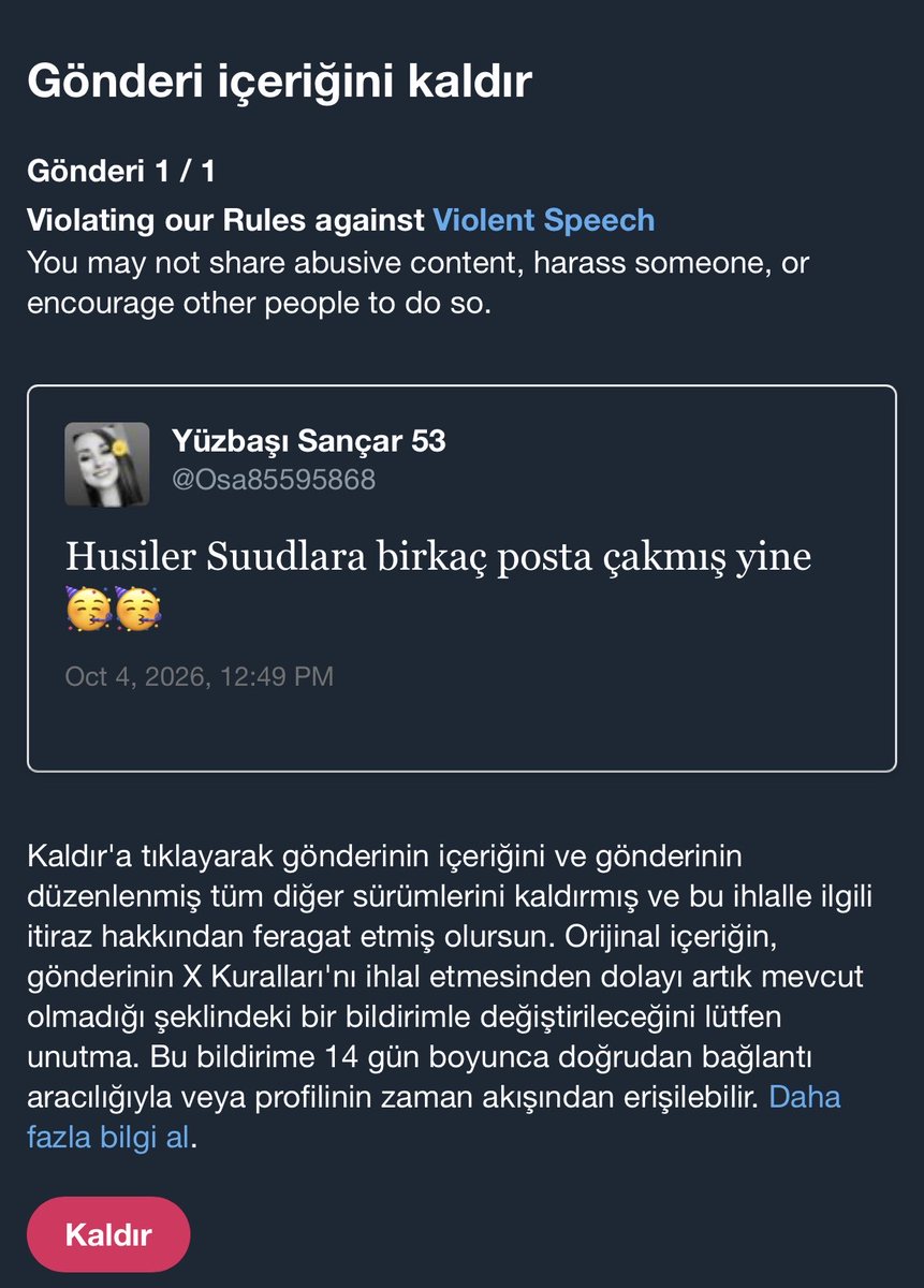 Osa85595868's tweet photo. Dün akşam 12 saat X e ayakbastı cezası aldım.İşin ilginç yanı ben bu hesabı açmak için yeni bir telefon ve hat aldım.Hesap püripak yani.Eskiden yeni hesaplar bir kaç kere yanliş yaptıktan sonra uyarı verir sonra ceza verirdi.Şimdi tak diye basıyor cezayı. https://t.co/XirIvisKHg