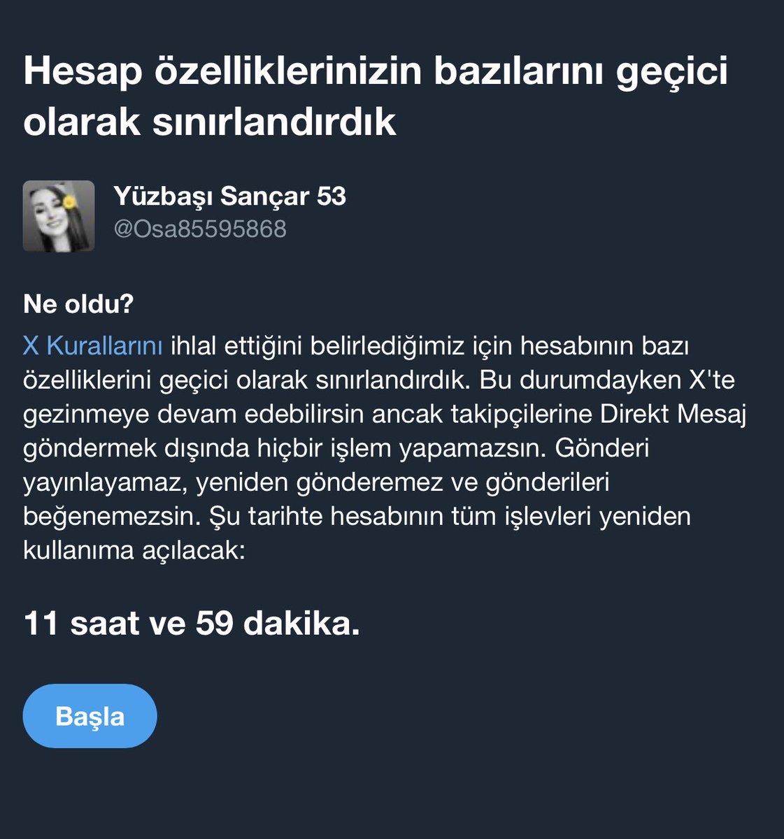 Osa85595868's tweet photo. Dün akşam 12 saat X e ayakbastı cezası aldım.İşin ilginç yanı ben bu hesabı açmak için yeni bir telefon ve hat aldım.Hesap püripak yani.Eskiden yeni hesaplar bir kaç kere yanliş yaptıktan sonra uyarı verir sonra ceza verirdi.Şimdi tak diye basıyor cezayı. https://t.co/XirIvisKHg