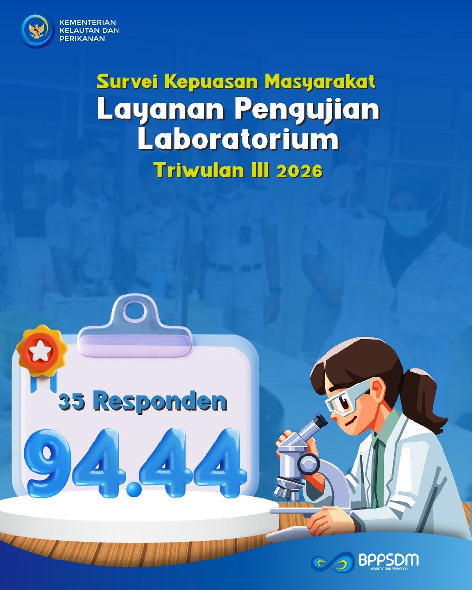 bpmkp_maros's tweet photo. Survei Kepuasan Masyarakat Layanan Pengujian Laboratorium Triwulan III Tahun 2026 mencatat nilai 94,44 dari 35 responden.

Terima kasih atas kepercayaan dan partisipasi seluruh responden. 🙏

#SKMPelayananPublik #PelayananPublik #TriwulanIII https://t.co/dZPESjsv2z