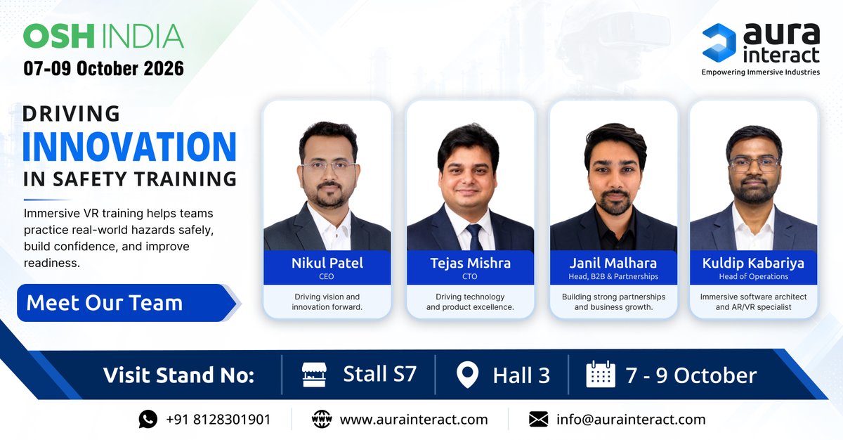 AuraInteract's tweet photo. 🦺Meet Aura Interact at #OSHIndia2026

Experience VR safety training for Crane Safety, Confined Space, Work at Height, PPE, Fire &amp; Industrial Safety.

📍Hall 3 | Stall S7, Mumbai
 📅7–9 Oct 2026

 For More details : https://t.co/WdkoPKJlc3

#OSHIndia #Mumbai #VRTraining #HSE https://t.co/YHbP4kOn0x