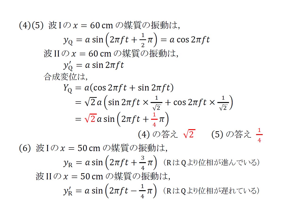 manabu_physics's tweet photo. 【半世紀前の入試問題で総復習】
(⑭の解答・解説)

ある媒質の単振動の式やグラフは，波形の動きから大まかにつくることができます。今回は，位相に着目した「妥協のない解説」を目指しました。(7)(8)については，定常波の知識を前提とした別解を「マナ物理 note」に掲載します。参考にしてください。 https://t.co/j8qxSekbLT