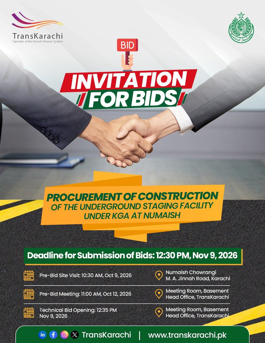 KarachiTrans's tweet photo. INVITATION FOR BIDS

TransKarachi is inviting bids for the procurement of the construction of the Underground Staging Facility under KGA at Numaish.

For further details, visit: https://t.co/3c0L1flztS.

#TransKarachi #KarachiBRTRedLine #KBRT #InvitationforBids #Karachi https://t.co/O9SxIqKzpL