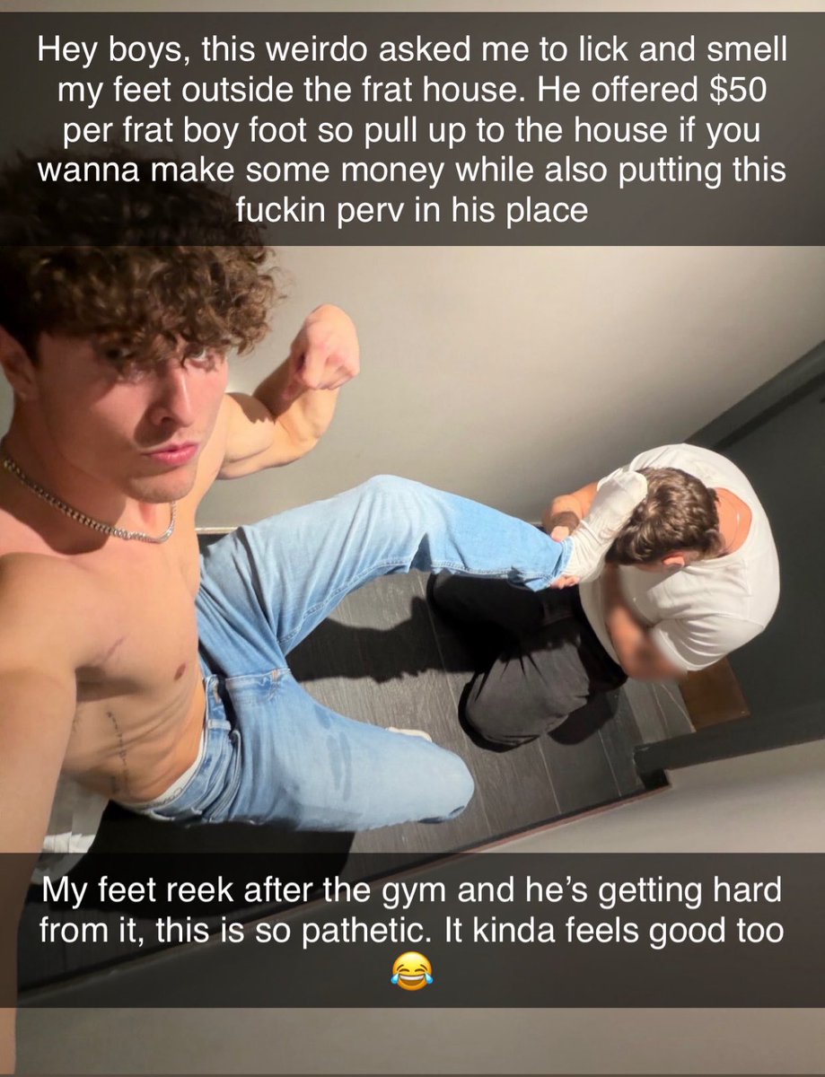 Str8Guys4U's tweet photo. You offer a straight frat bro some cash to serve his feet. He says yes and also sends a message to the group chat telling all his bro’s to come and use you too

#fratbro
#feet
#kink

Photo credits - @GOONBATENOW 
18+ https://t.co/mOXIONBQ0Y