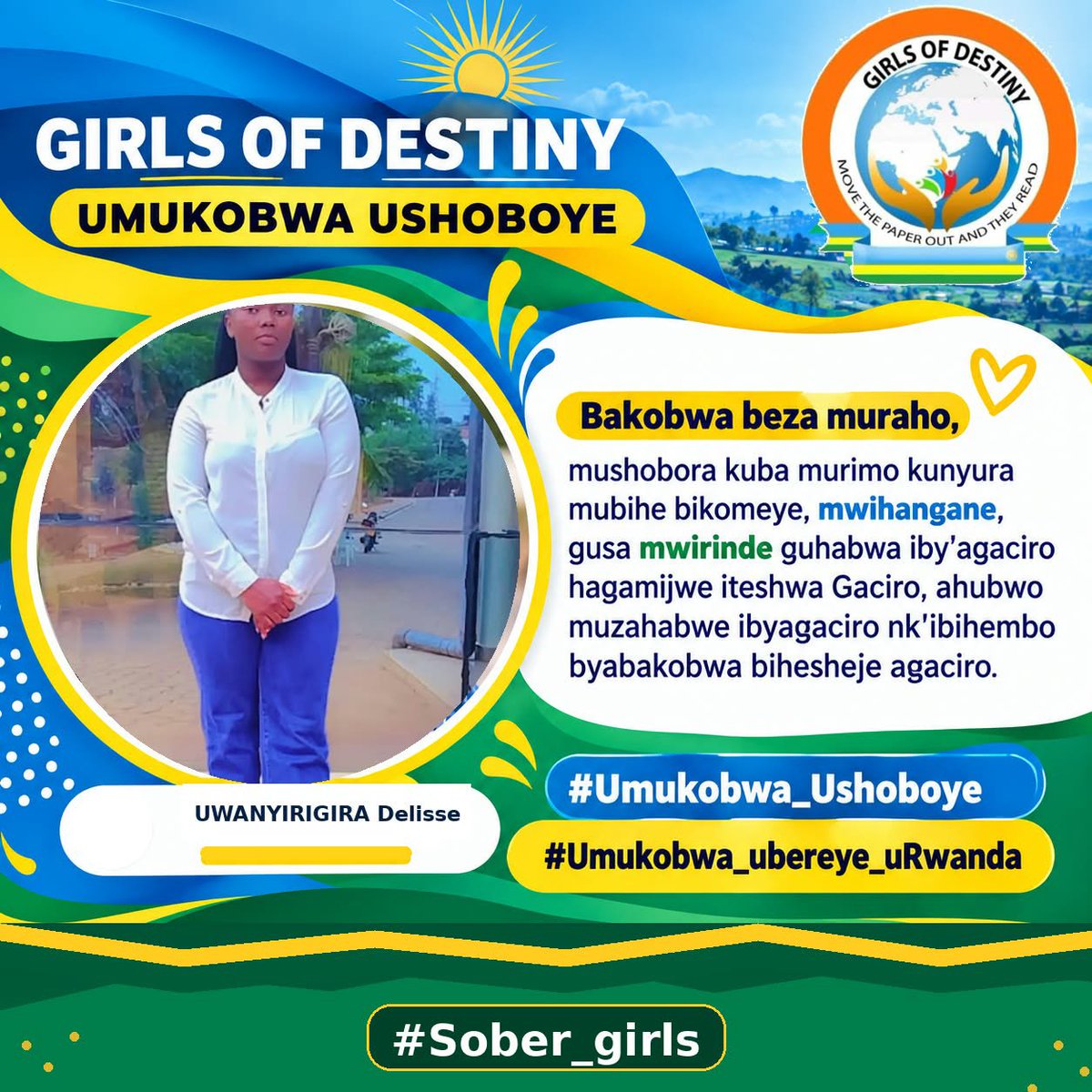 NyamagabeYouth's tweet photo. Umukobwa ushoboye! 🇷🇼
@RwandaYouthVol1 bo mu karere ka @Nyamagabe barashishikariza abakobwa kwigirira icyizere, kwihesha agaciro no gukoresha impano n’ubumenyi bafite mu kubaka ejo hazaza heza.
#Umukobwa_Ushoboye #Umukobwa_ubereye_uRwanda #Sober_girls
#GirlsOfDestiny
#sober_Chou https://t.co/HWvzwyYgFP