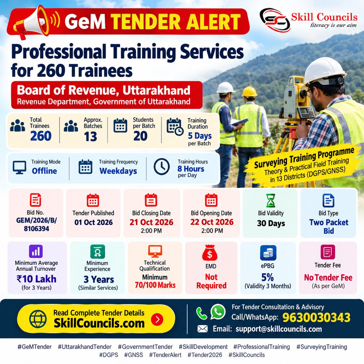 Skillcouncils's tweet photo. π¨ GeM Tender Alert 2026!
Uttarakhand Board of Revenue invites bids for Professional Training Services for 260 trainees.
π Call/WhatsApp: 9630030343
π§ support@skillcouncils.com
#GeMTender #TenderAlert #Uttarakhand #SkillDevelopment #TrainingTender #GovernmentTender #GeM https://t.co/Ola4YQGt5w
