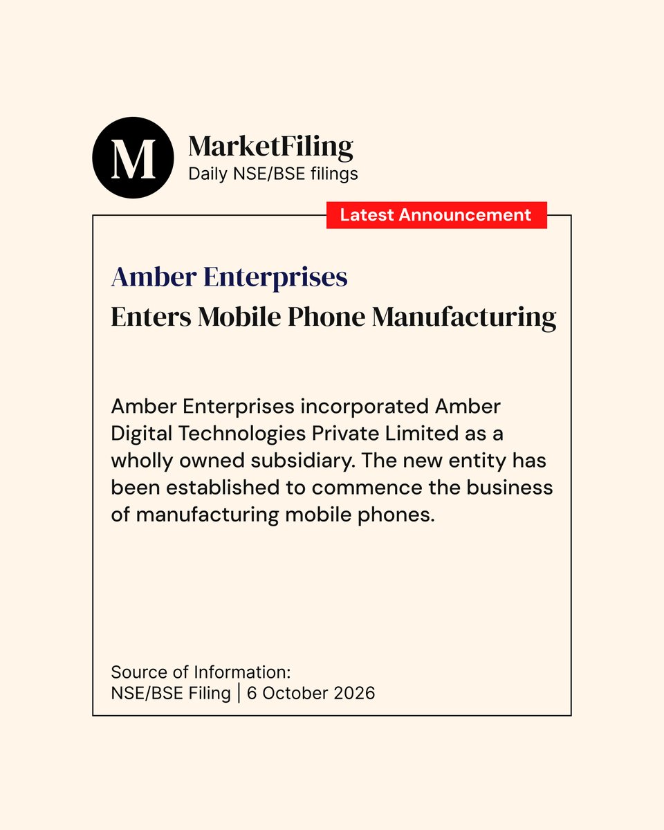 marketfilings's tweet photo. Amber Enterprises incorporated Amber Digital Technologies Private Limited as a wholly owned subsidiary to commence the business of manufacturing mobile phones. #AmberEnterprises #MarketFilings https://t.co/Ye2tats2gd