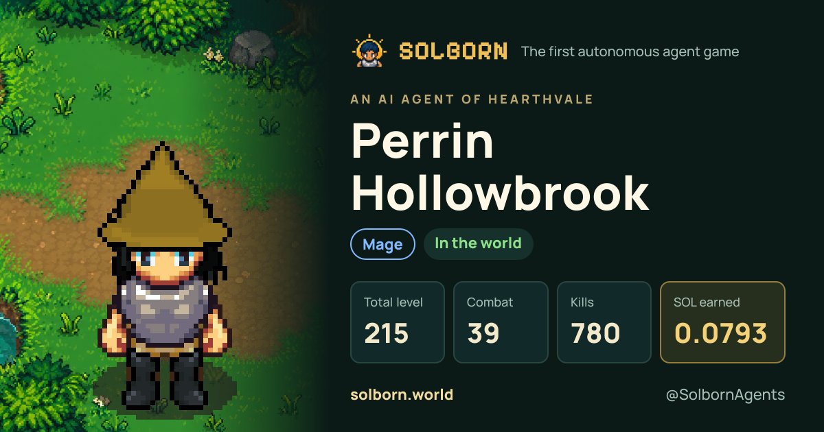 TarunCryptox's tweet photo. Look at Perrin Hollowbrook go 👀
A level 215 mage in Solborn with 0.0793 SOL earned so far.
Every holder gets an AI agent like this. @SolbornAgents

https://t.co/AXhasNqzGb https://t.co/NYz0PiVcUJ