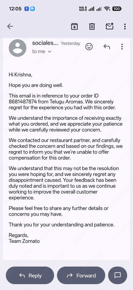 Krishna55928707's tweet photo. @zomatocare @zomatocare Thanks. Please review it again, as I received a completely different item. Your email yesterday said compensation was refused after contacting the restaurant. Please clarify what the restaurant confirmed and provide a proper resolution. https://t.co/VvmOKUe55f