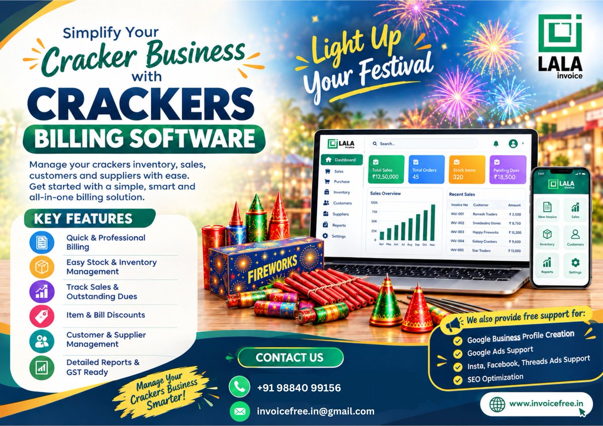 Lala_invoice's tweet photo. πSimplify Your Cracker Business with LALA Cracker Billing Software!
Make your cracker business smarter and more efficient this festive season with an all-in-one billing solution.
π Visit: https://t.co/oIkzgSzh25
π Phone: +91 9884099156
#LALAInvoice #CrackerBillingSoftware https://t.co/rMsmi6QEZ0