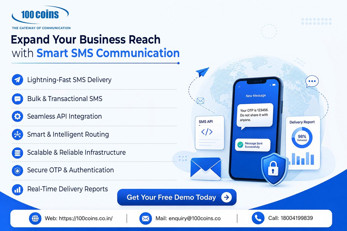 AditekSystemsPL's tweet photo. Expand Your Business Reach with Smart SMS Communication

· Lightning-Fast Delivery
· Seamless API Integration
· Smart Routing
· Real-Time Delivery Reports

Call–18004199839,mail-enquiry@100coins.co

#KisshtLoansWithoutHiccups #100Coins #AditekSytemsPL #SMSGateway #SMSAPI #DLT https://t.co/EmYrIDgz0d