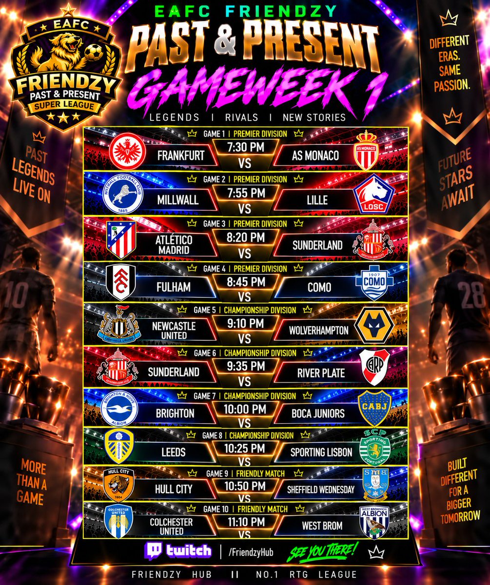 Friendzy2806's tweet photo. ⏳FRIENDZY PNP SUPER LEAGUE - GAMEWEEK 1⌛

🎥 7:15PM - 11:30PM (https://t.co/KlPwltCKDx) 

🏅4 Premier Division Matchups
🥈4 Championship Division Matchups 
🆚 2 Friendlies Matches
💣 Goal of the Week competition

🚨FRIENDZY PNP League Gameweek 1🚨 https://t.co/LIABEm7HHR
