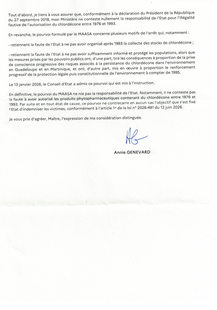 CLeguevaques31's tweet photo. #chlordecone : le double langage de l'Etat. 12 juin 2026 la loi reconnait la "part de responsabilité de l'Etat". Je demande à @AnnieGenevard de retirer le pourvoi contre décision condamnant l'Etat pour indemniser les victimes. voici sa réponse ... @MyLeo_legal https://t.co/05i8o1AQmf