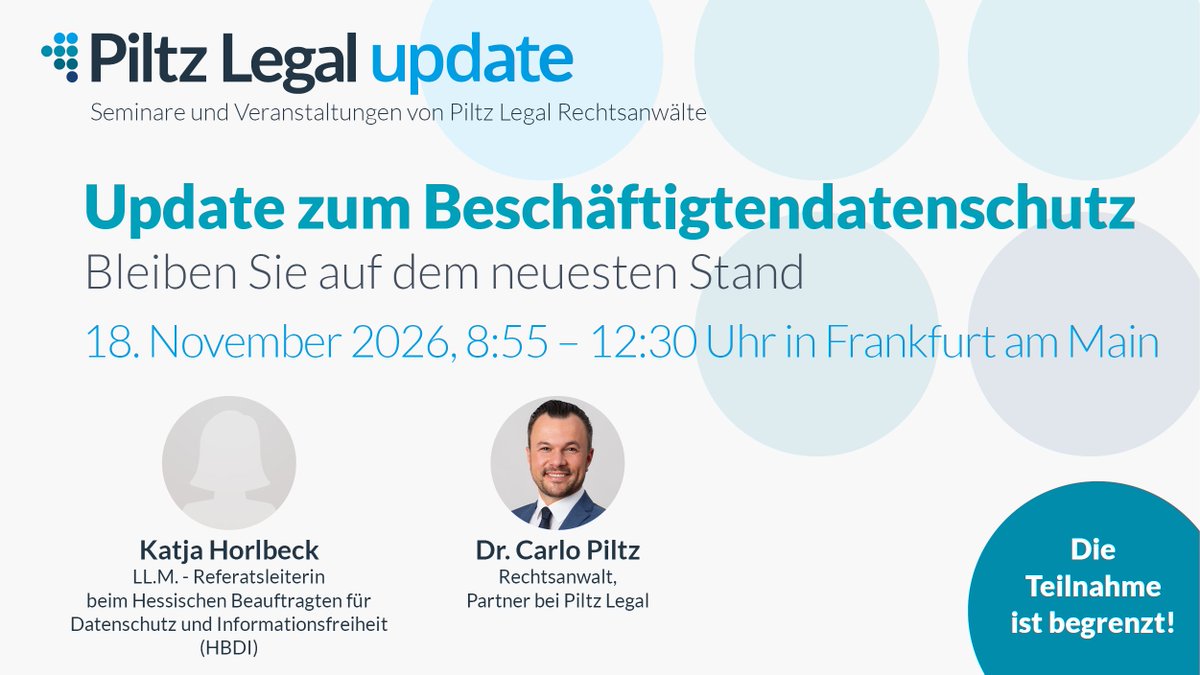 PiltzLegal's tweet photo. Aktuelle Rechtsprechung, Fälle aus Sicht der Aufsicht und praktische Hinweise für den Unternehmensalltag. Jetzt anmelden und auf dem neuesten Stand bleiben➡️https://t.co/KH3yLrQ1nK
#Datenschutz #Beschäftigtendatenschutz #DSGVO https://t.co/aAVYJqzGq4