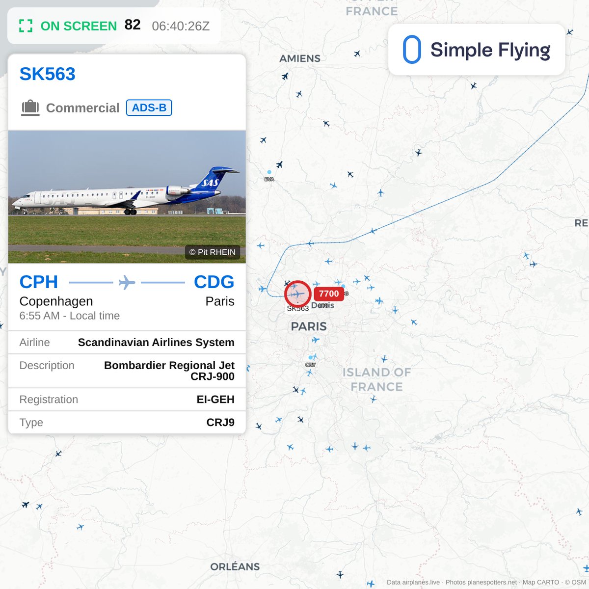 FlighttrackerSF's tweet photo. Scandinavian Airlines System flight SK563, a Bombardier Regional Jet CRJ-900 from CPH to CDG, is squawking 7700 over France.

https://t.co/YfvtP2uUBV https://t.co/aRQSKZcqvg