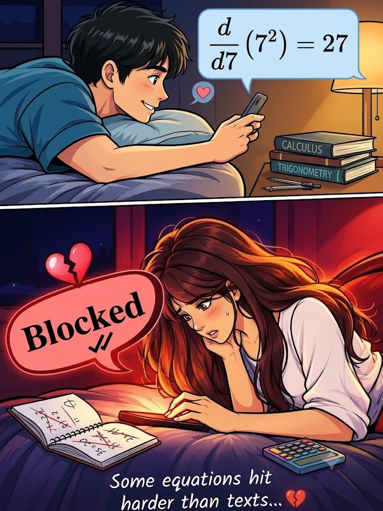 MathGeekDaily's tweet photo. Blocked 😂When your flirting skills are okay, but your calculus is an absolute crime. She chose "Block" over bad notation, and honestly, I don't blame her! 💀💔
Some equations really do hit harder than texts...
Are you team 14, team 7, or team Blocked? 👇
#MathHumor #Calculus https://t.co/NrgF4aGSbJ