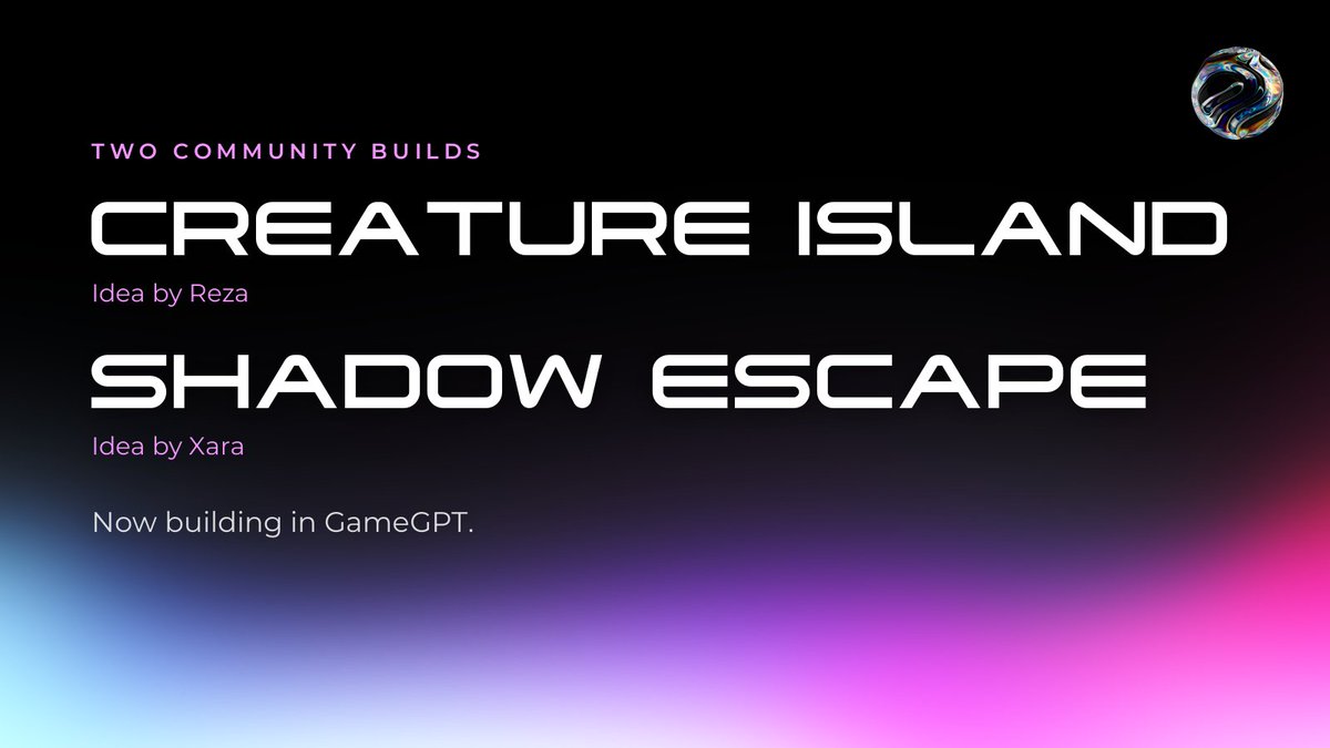 Gamegptofficial's tweet photo. Community builds: two games from your ideas 🎮

GameGPT is building two games from community replies.

Creature Island, from Reza: a commando crash-lands on a remote island full of strange creatures and has to find the lab that made them.

Shadow Escape, from Xara: a little robot races a timer out of a lab, using a shadow clone that repeats its last 3 seconds to press switches and open doors.

We'll share both as soon as they're playable.

https://t.co/lwCo4d7che