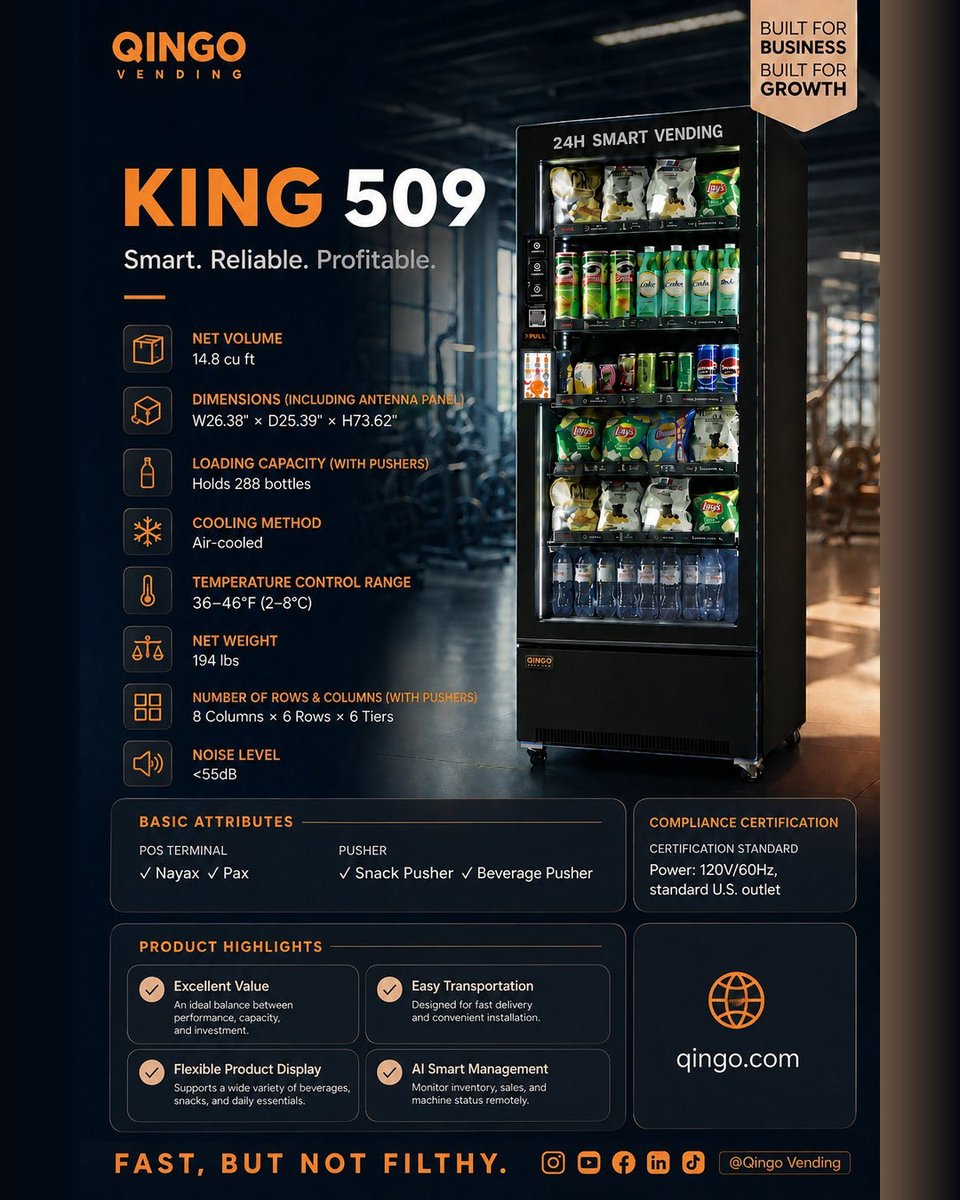 QingoVending's tweet photo. QINGO KING 509 Vending Machine
A smarter way to sell, built around your business.
📦 288-bottle capacity
🤖 AI-powered recognition
💳 Flexible payment integration
☁️ Cloud-based management
🌍 Ready for global markets
#QINGO #KING509 #SmartVending #AIVending #VendingBusiness https://t.co/v8aUg7yWcc