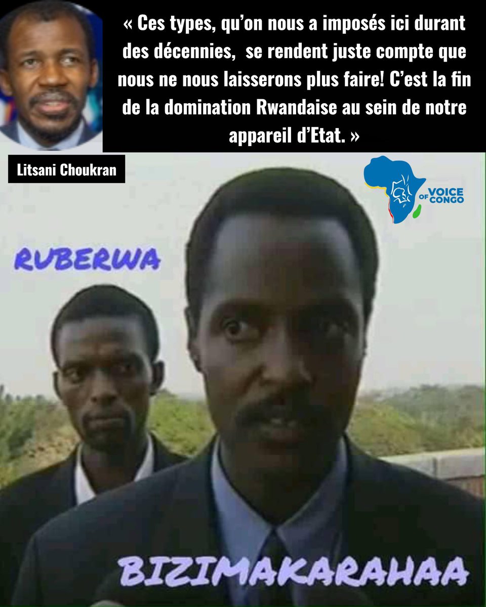 VoiceOfCongo's tweet photo. Litsani Choukran : « C’est la fin de la domination Rwandaise au sein de notre appareil d’Etat. »

« Ruberwa est dans la lignée du prétexte qu’ils ont cherché à construire avec notamment l’aide de la CENCO à Kinshasa, après avoir échoué partout! Ceux qui sont massacrés par le M23 et l’armée Rwandaise à Kishishe, Kiwanja, Uvira et partout où ils passent, ce sont d’abord des Congolais qui parlent swahili!!! Ceux qui sont martyrisés matin et soir à Goma  et partout dans les territoires occupés, sont des swahiliphones! Même les Banyamulenge ne vivent pas mieux sous leur occupation! Ces types, qu’on nous a imposés ici durant des décennies,  se rendent juste compte que nous ne nous laisserons plus faire! C’est la fin de la domination Rwandaise au sein de notre appareil d’Etat. Et les enfants de nos enfants y veilleront! »