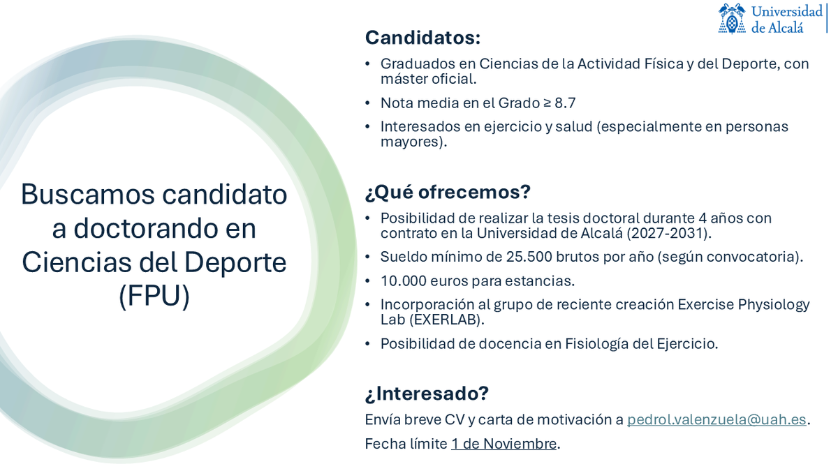 pl_valenzuela's tweet photo. ¿Quieres hacer la tesis doctoral sobre ejercicio y salud? En la Universidad de Alcalá (@UAHes) te necesitamos! 

Ya está abierta la convocatoria FPU. Si cumples los requisitos, escríbeme. 

Se agradece la difusión  @deccafydeuah @ConsejoCOLEF @coplefmadrid https://t.co/1gYh03849P