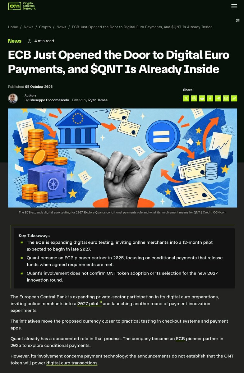 MindCrypto_'s tweet photo. 🧿💥 $QNT ECB story is getting VERY interesting.

In 2025, Quant was selected by the ECB as a Digital Euro Pioneer, working on conditional payments &amp; reservation of funds.

Now look at what the ECB is taking forward into its next experimentation phase 👇

https://t.co/BdBcWEdtsm https://t.co/57p0vbEyyo