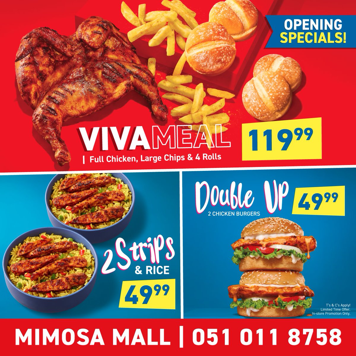 PedrosChicken's tweet photo. Olá, Bloemfontein! 🔥
Pedros is officially opening its doors on 9 October, and we’re celebrating with a tasty giveaway!
📍Find us at:
Shop U31, Mimosa Mall Shopping Centre, 131 Kellner St, Brandwag, Bloemfontein, 9301
One lucky winner will score a delicious Viva Meal!
Get entering, Bloem! We’ll see you on 9 October. ❤️
#PedrosMimosaMall #VivaPedros #FlamedWithLove