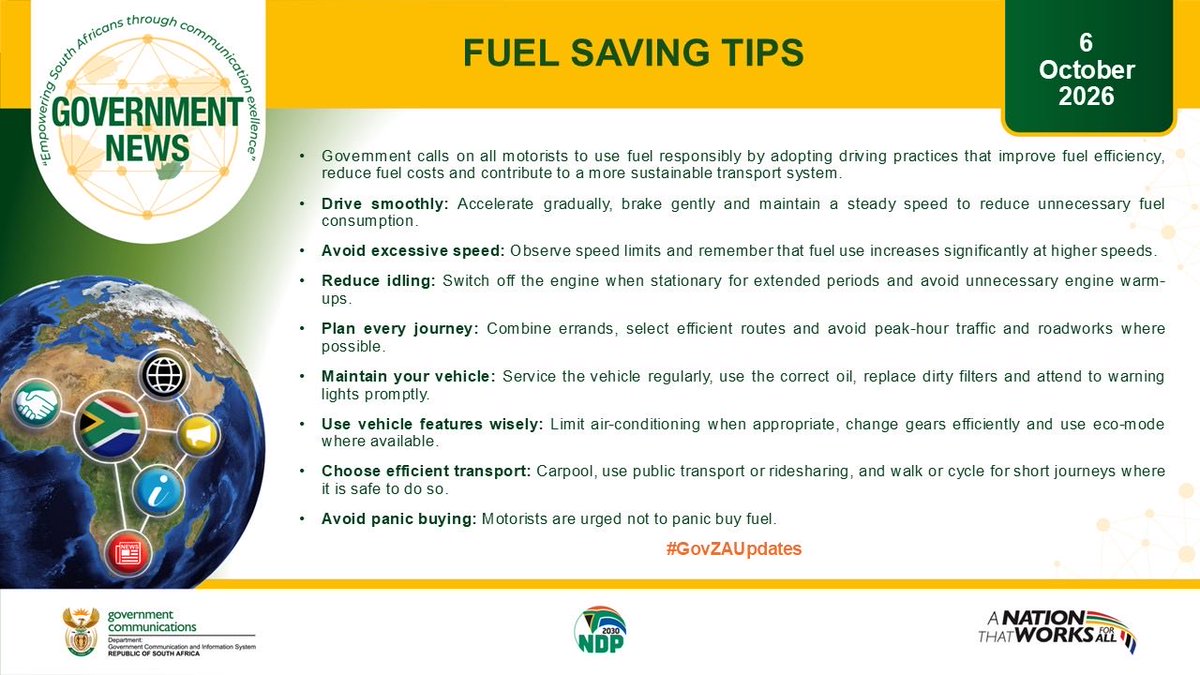 GCISMedia's tweet photo. Government calls on all motorists to use fuel responsibly. Road users can reduce fuel costs, improve vehicle efficiency and contribute to more sustainable transport. https://t.co/GfG302wdEC