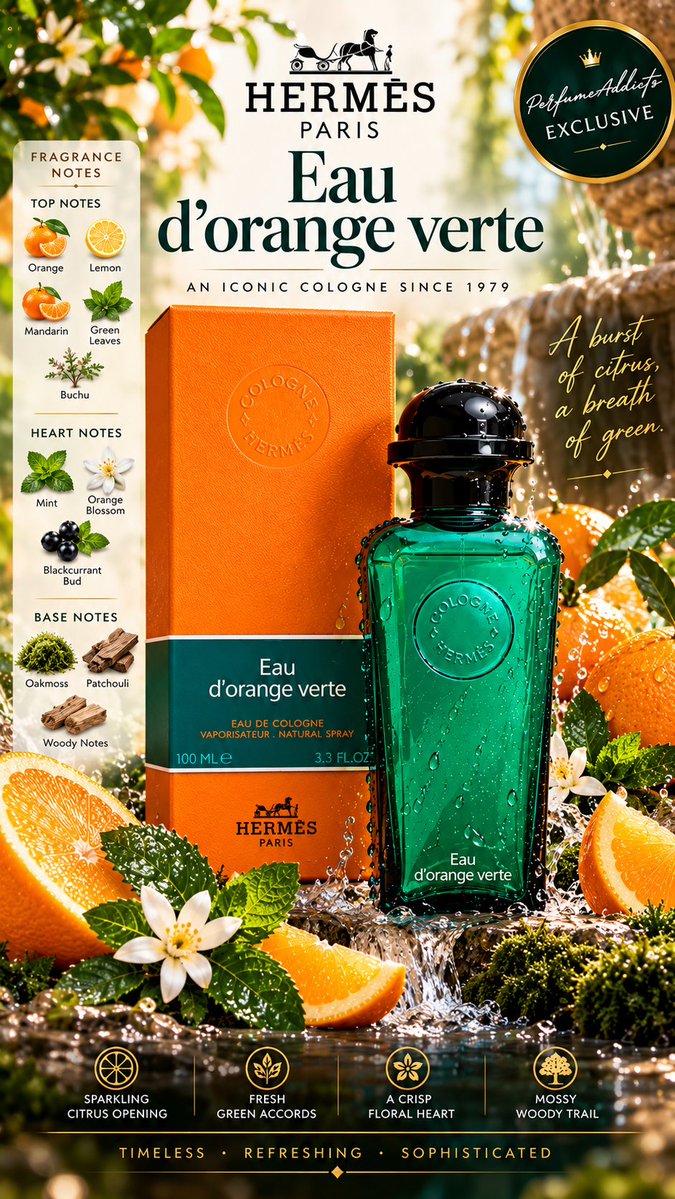 kalravkapadia's tweet photo. PerfumeAddicts Exclusive Deal:

THE ART OF GREEN CITRUS🍋🍋

🍊 Citrus, but dressed in Hermès.

Hermes EAU D’ORANGE VERTE Eau De Cologne for men and women from Hermès 100ml for 8600. #Citrus #green #earthy #classy #refined 

Not a fragrance screaming for attention.
A fragrance that earns it.

TIMELESS. GREEN. CITRUS. ICONIC.

If you appreciate Hermès craftsmanship, classic perfumery and niche-like restraint, Eau d’Orange Verte deserves your attention.

Eau d’Orange Verte is the definition of understated luxury. 

The opening bursts with orange, lemon and mandarin, immediately sharpened by green leaves and buchu. 

Then mint, orange blossom and blackcurrant bud give it that crisp, aromatic freshness, before oakmoss, patchouli and woody notes bring an elegant earthy finish. 

It doesn't chase sweetness, density or brute-force projection — its charm lies in being clean, green, polished and effortlessly expensive. 

This is the kind of fragrance that makes you smell impeccably put together without ever looking like you tried too hard.

✨ Freshness with pedigree.

DO NOT MISS THIS GEM🔥🔥🔥🔥🔥🔥🔥