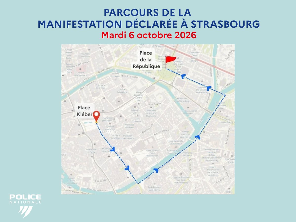 PoliceNat67's tweet photo. #MANIFESTATION 
Le cortège de la manifestation d'aujourd'hui partira de la place Kléber à Strasbourg à 14h00. 
Voici le trajet déclaré. Des perturbations de circulation sont à prévoir.
Anticipez votre trajet, évitez le secteur. https://t.co/vNLLIOeuq8