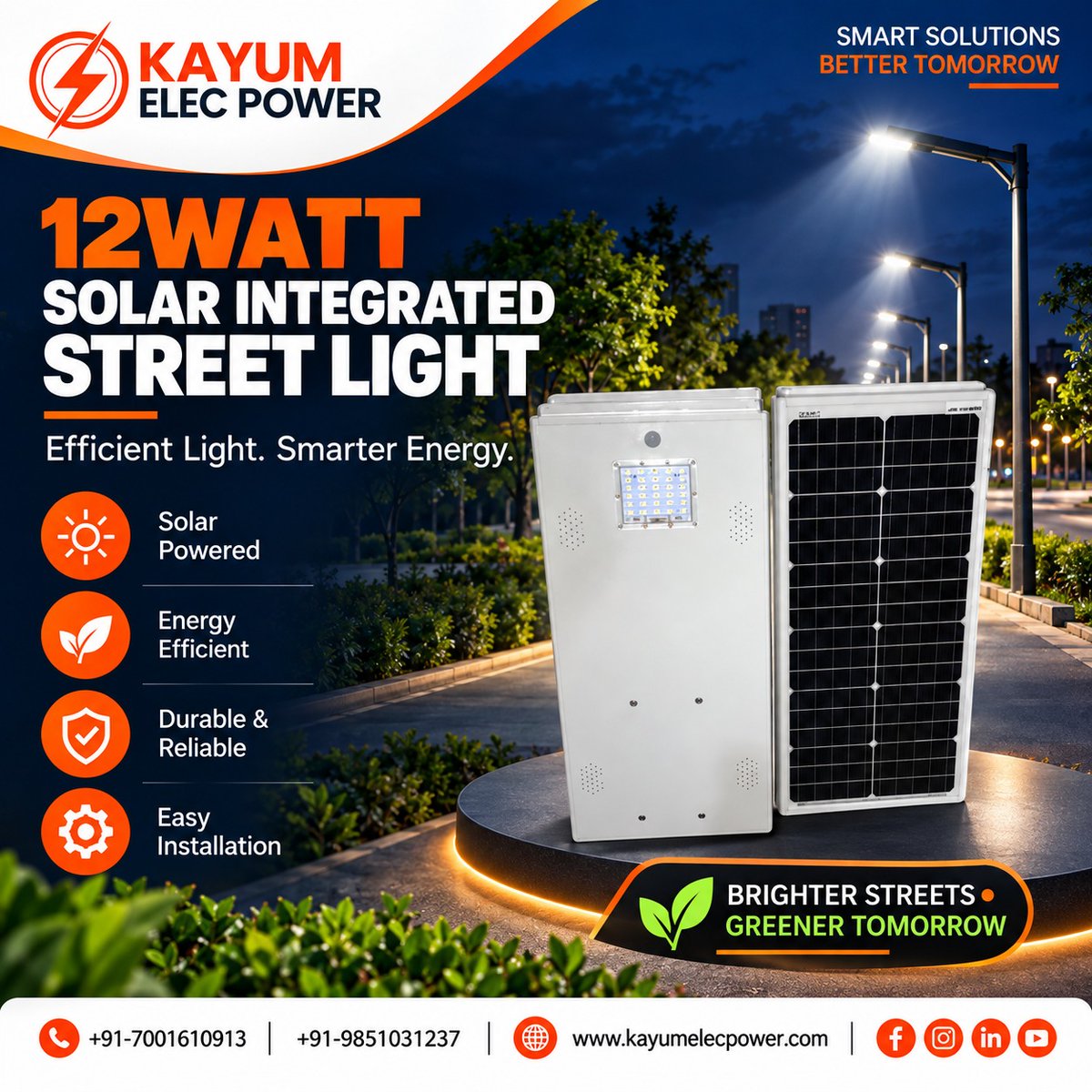 KayumPower's tweet photo. Turn Every Night Into a Smarter, Greener Tomorrow.

Light the streets smarter with 12W Solar Integrated Street Lights—solar-powered, energy-efficient, durable, and easy to install.

📞 +91-7001610913
🌐 https://t.co/RE3wEEQVVU

#SolarStreetLight #SolarEnergy #SmartLighting https://t.co/U9mL07IB71