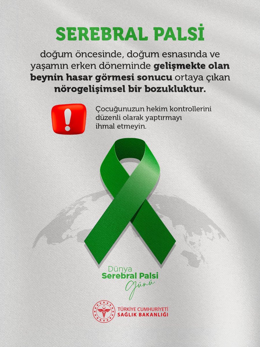 saglikbakanligi's tweet photo. Serebral Palsi, doğum öncesinde, doğum esnasında ve yaşamın erken döneminde gelişmekte olan beynin hasar görmesi sonucu ortaya çıkan nörogelişimsel bir bozukluktur.

#DünyaSerebralPalsiGünü https://t.co/2MVw5zo73Z
