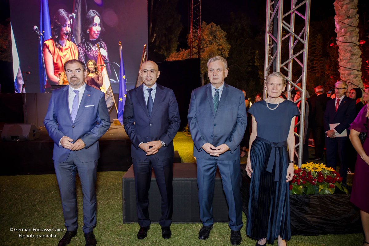 GermanEmbCairo's tweet photo. 🇩🇪🇪🇬 الاحتفال باليوم الوطني الألماني في القاهرة

احتفلنا أمس في السفارة الألمانية بالقاهرة بـ اليوم الوطني الألماني، وسط حضور مميز من ممثلي السياسة والاقتصاد والتعليم والمجتمع. https://t.co/Z25ImrNAfM