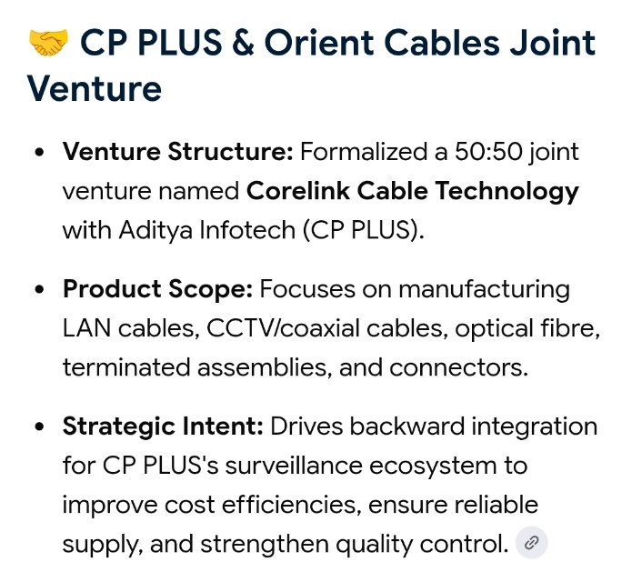 JayCee8762's tweet photo. #OrientCables and #CPPLUS have formed a 50:50 JV.
Its called 'Corelink Cable Technology'.
- This company will make Network LAN cables + CCTV coaxial cables for CP PLUS.
The planned Rajasthan facility is of 1 lakh sq ft with production starting by Q4
#ORIENTCABL #IPO https://t.co/jY8SKqYKdC