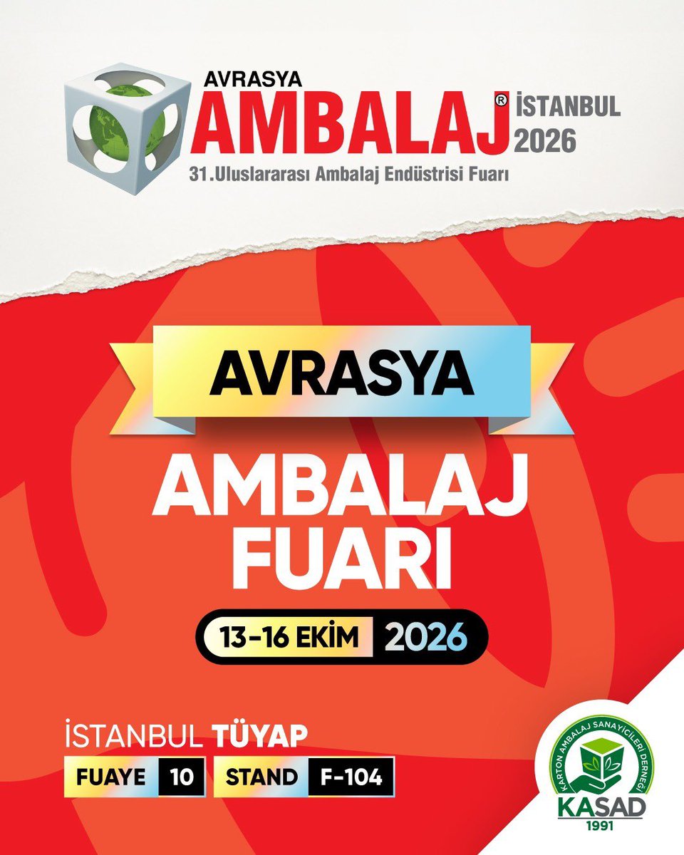 kasad_tr's tweet photo. Sektörün kalbi Avrasya Ambalaj Fuarı’nda atıyor, KASAD olarak 39 üyemizin güçlü katılımıyla biz de yerimizi alıyoruz! 📦

📅 Tarih: 13-16 Ekim 2026
📍 Lokasyon: İstanbul TÜYAP Fuar ve Kongre Merkezi
Salon: Fuaye 10 | Stand: F-104 https://t.co/E0YhDJ6av7