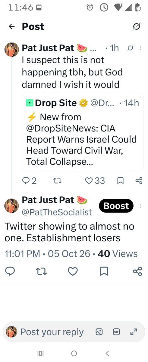 PatTheSocialist's tweet photo. This is censorship. I could tweet about a fart and get more attention. Fuck you Zionist tech bros https://t.co/KmkpIwL7Ho