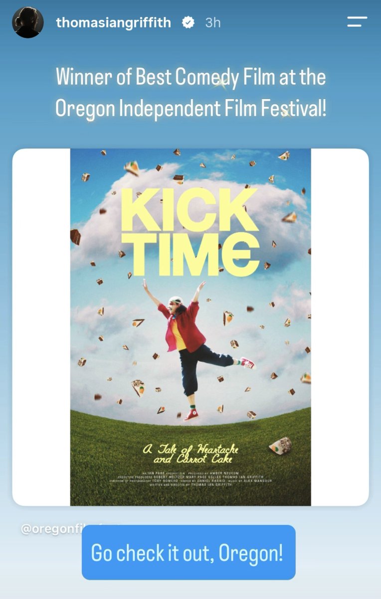 Silversmeasures's tweet photo. What wonderful news to wake up to!!
Kick Time is the winner for ‘Best Comedy Film’ at the Oregon Independent Film Festival!!
A very well deserved win for all involved. 👏
So happy for you Thomas and Mary!! Congratulations!! 🎊 thank you for sharing this awesome news!!
#KickTime https://t.co/T8hiL0YxZh