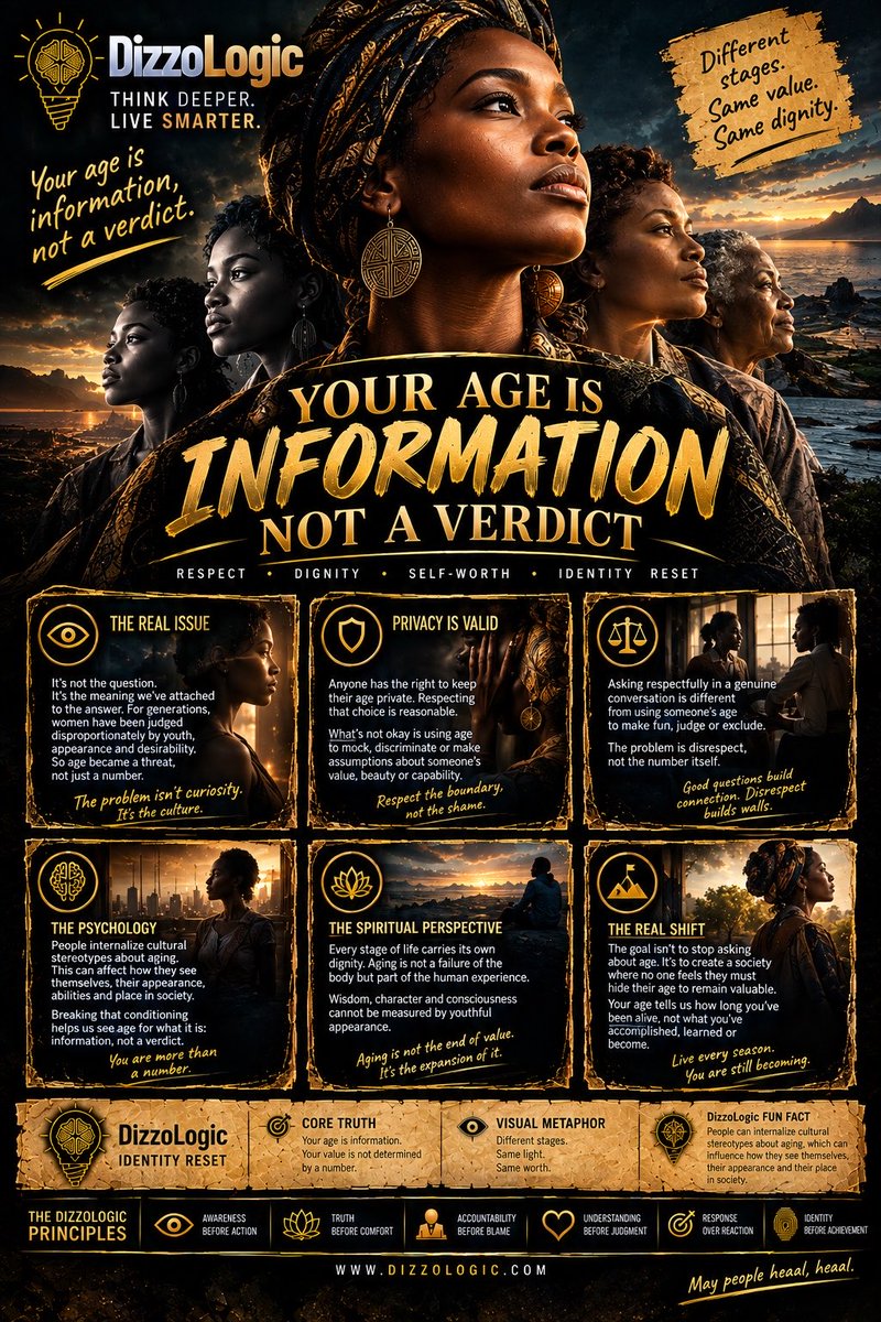 DizzoLogic0101's tweet photo. A woman’s age is information, not a verdict.

The real problem isn’t asking respectfully.

It’s the culture that taught women their age could diminish their beauty, desirability or value.

Privacy is valid.

Shame doesn’t have to be. https://t.co/THOjp6snvi