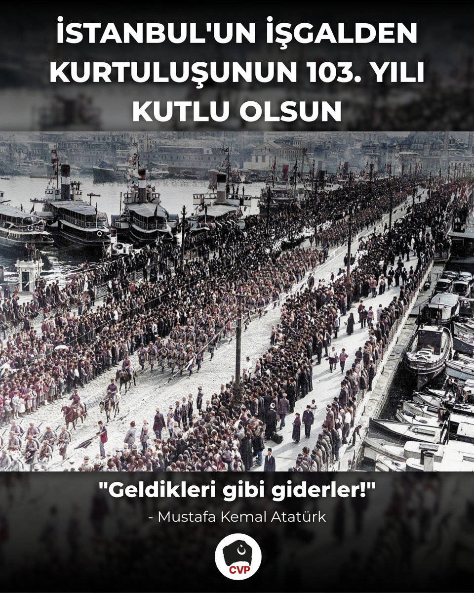 cvpgenelmerkez's tweet photo. 30 Ekim 1918’de imzalanan Mondros Mütarekesi’nin ardından 55 parçalık işgal donanması İstanbul Boğazı’na demirlemiştir. 13 Kasım 1918’de Filistin cephesinden İstanbul’a dönen Mirliva Mustafa Kemal karşısında düşman donanmasını bulur ve şu tarihi sözünü söyler: 

“Geldikleri gibi giderler!” 

İşgal orduları komutanı, Fatih Sultan Mehmet’i çağrıştıran rövanş havası içinde beyaz atın üzerinde şehre girer ve 5 yıl işgalci çizmelerinin ayakları altında kalan İstanbul, Mustafa Kemal’in 19 Mayıs 1919’da yaktığı bağımsızlık fikriyatının Anadolu’yu kucaklamasıyla, 6 Ekim 1923’te Şükrü Nail Paşa komutasındaki Türk Ordusu’nun şehre girişiyle işgalden kurtulur. Aynı gün vatan haini, işbirlikçi sadrazam Damat Ferit Paşa kaçtığı Fransa’da ölür! 

“Milletin egemenliği uğruna canımı vermek, benim için vicdan ve namus borcu olsun.” diyen Gazi Mustafa Kemal’e ve bu amaç uğruna bedenlerini Anadolu’nun toprağına veren kahraman Mehmetçiklerimize sözümüz olsun! 

Emperyalist işgalciler ve yerli işbirlikçileri tekrar geldiler, bir kez daha gönderilecekler!

@cvpgenelmerkez
#HainsizTürkiye
