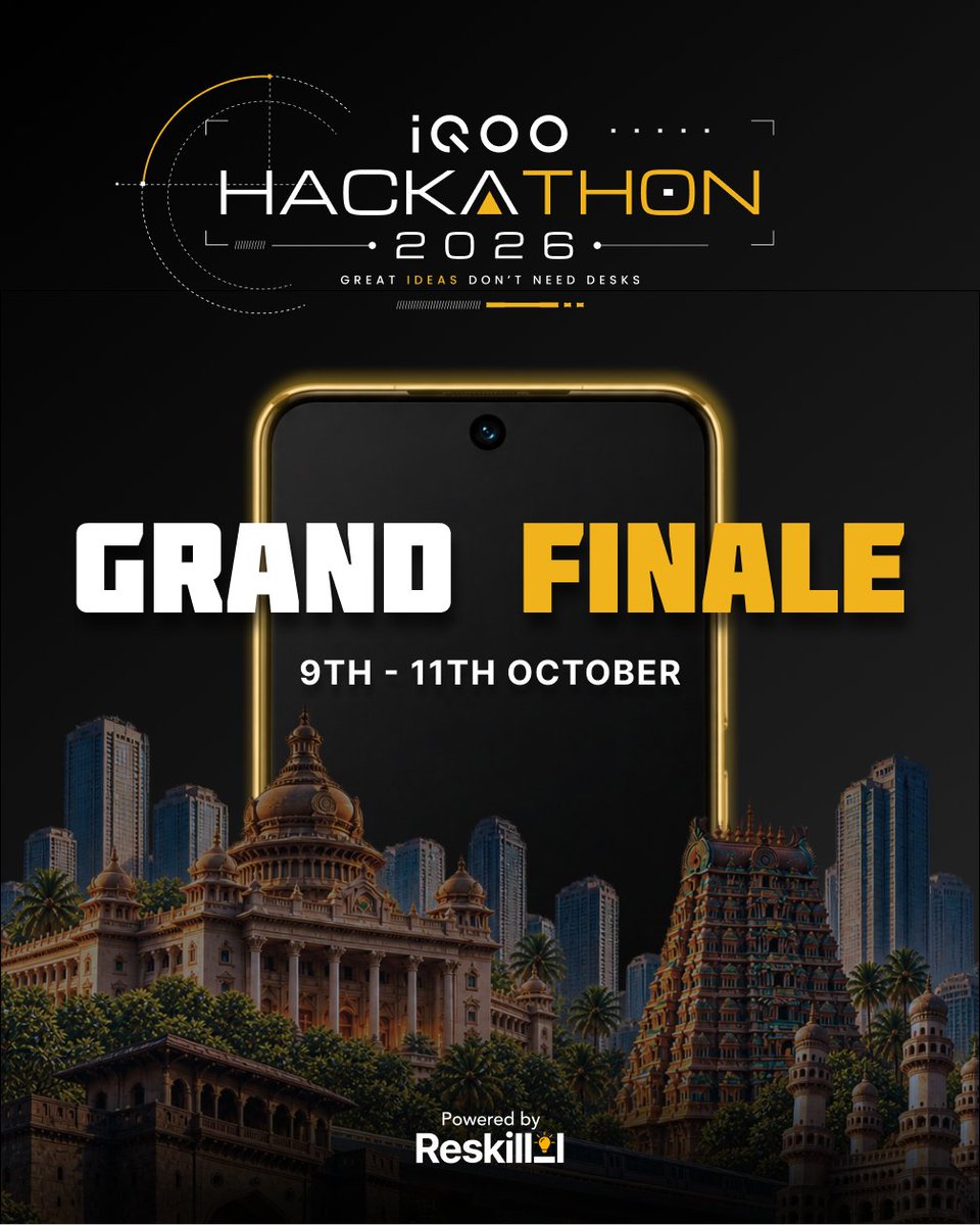 Reskilll's tweet photo. WE REALLY WARNED YOU.
You should’ve listened. 👀

Because now, there’s no turning back.
No excuses. No second chances.

9th, 10th &amp; 11th OCTOBER 2026
THE iQOO HACKATHON 2026 GRAND FINALE
BENGALURU.

You’ve been warned. Now come see what happens.

@IqooInd 
#iqoo #reskilll https://t.co/EKSYJl5OBA