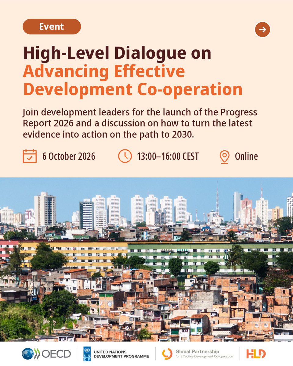 DevCooperation's tweet photo. Today is the day! 🚀

The #GPEDC High-Level Dialogue starts today at 13:00 CEST.

Join global leaders online to discuss key findings of @OECD @UNDP Progress Report 2026 and shape more #EffectiveCooperation.

🔴 Last chance to register: https://t.co/FieoXt52qx

#2026HLD https://t.co/el95ddwg0j