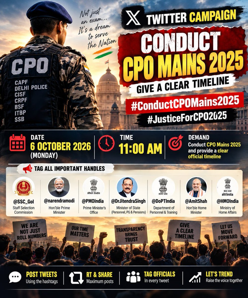 sushant_025's tweet photo. We cleared the required stages and completed the process, yet the wait continues. Announce the official timeline for CPO Mains 2025 without further delay!
​@SSC_GoI @DoPTIndia @PMOIndia @DrJitendraSingh
#ConductCPOMains2025 #JusticeForCPO2025 https://t.co/2klB9Au9kR