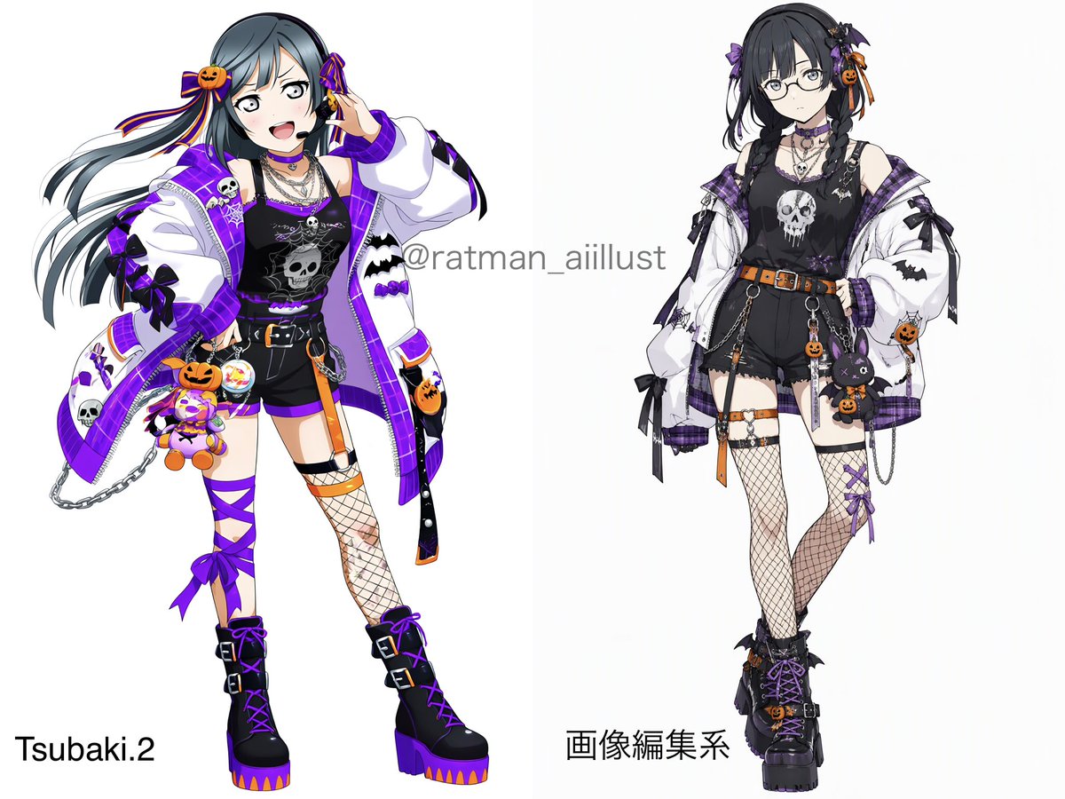 ratman_ai_2's tweet photo. 🎃【期間限定衣装プロンプト】　⑦
#みんなでアイドル_ハロウィンライブ2026

🖤EMO系コーデ(ジャケット有りVer.)

モデル：
⬅️優木せつ菜(Tsubaki.2)
➡️中川菜々(画像編集系)

プロンプトはALT

【PixAI】【Tsubaki.2】 https://t.co/hPTdrFbrsh