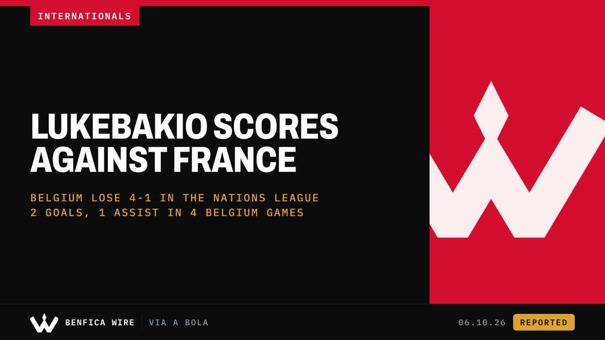 BenficaWire's tweet photo. 🟡 Dodi Lukebakio put Belgium ahead against France on 35 minutes, finishing a Romeo Lavia pass, but France came back to win 4-1 in the Nations League. He has two goals and an assist in four games for Belgium, via A Bola and Sport TV. https://t.co/spO4Gwczqz