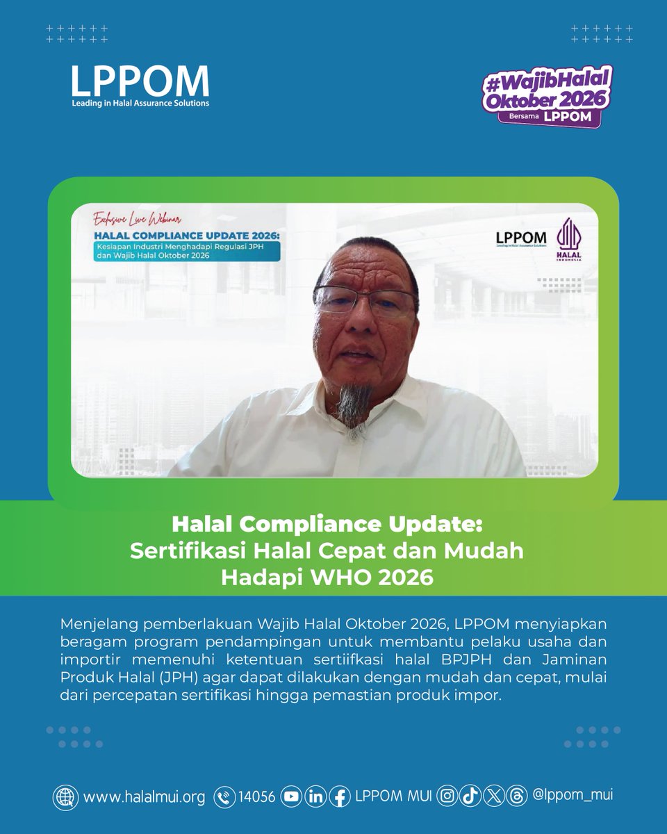 lppom_mui's tweet photo. Wajib Halal Oktober 2026 sudah di depan mata. Bisnis Anda sudah siap, atau masih terkendala proses sertifikasi? https://t.co/PQx3cQJwFQ
#who2026 #sertifikasihalal #lph #lppom #halalindonesia https://t.co/wCFkTh2QH4