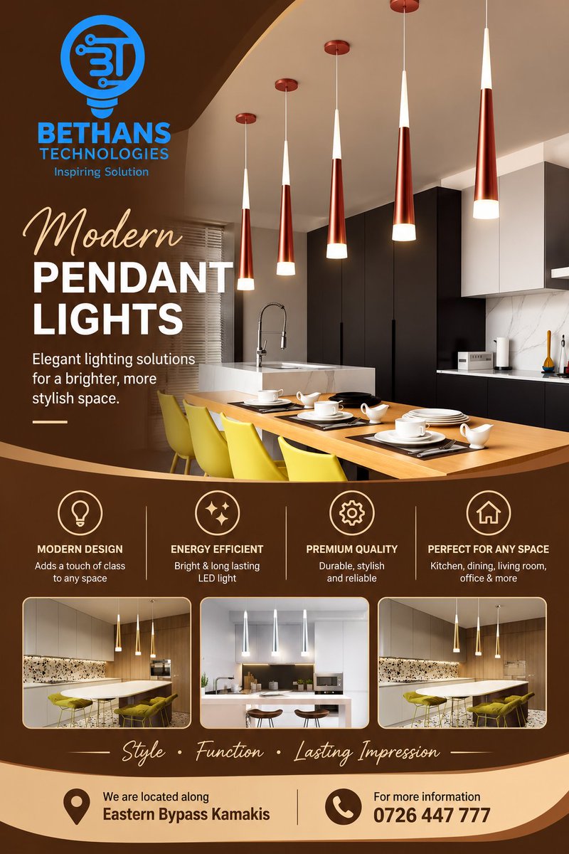 BethansTech's tweet photo. ✨ MODERN PENDANT LIGHTS
Elevate your space with stylish, elegant lighting designed to brighten every moment.
📍 Eastern Bypass, Kamakis
📞 0726 447 777
Bethans Technologies — Inspiring Solution
#HappyCustomerServiceWeek 
#NithiBridgeProgress https://t.co/6yiWE170Mu