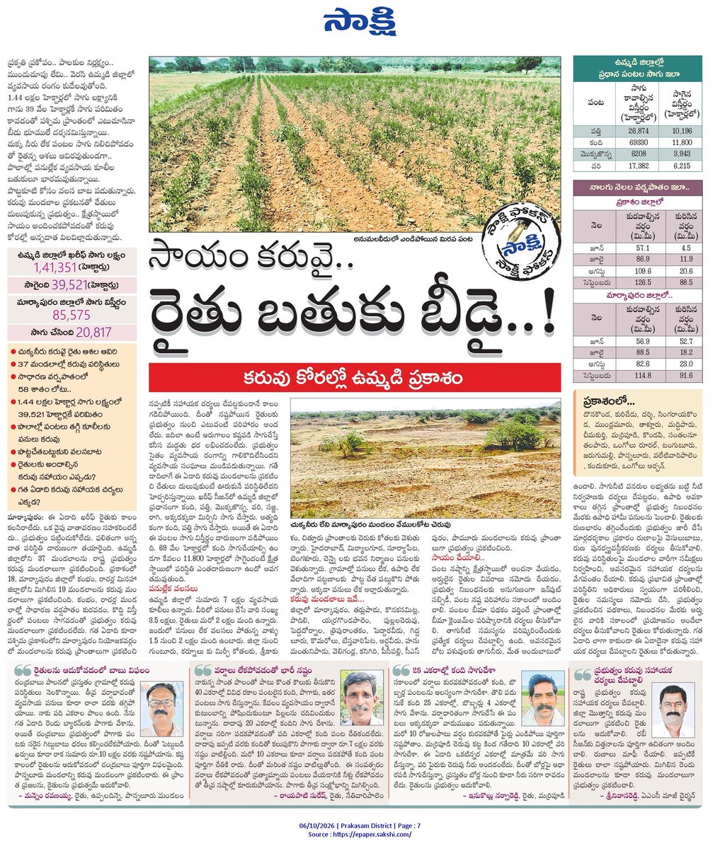ApNewsUpdates29's tweet photo. 06-10-2026      
సాక్షి

అగ్రికల్చర్         

సాయం కరువై.. రైతు బ్రతుకు బీడై..! 
ప్రభుత్వ విత్తనం.. రైతన్నకు మోసం..!
అన్నదాతలకు పరిహారం అందేనా ?
విద్యుత్ కోతలతో అల్లాడుతున్న అన్నదాతలు..!

#APAgriculture #CBNGovernance #YSRCPGovernance #APNews https://t.co/K43wQ8SpIV