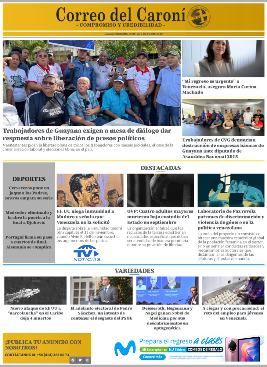 CorreodelCaroni's tweet photo. ¡#BuenosDías ⛅, Venezuela! Compartimos la portada 📰 con los titulares de este #6Oct2026 ✨

📲 Noticias https://t.co/p0fGxSqAWn. Únete y recibe noticias al momento y el resumen informativo del día.

🟩 WhatsApp: https://t.co/ZmyfcZxBzV

🟦 Telegram: https://t.co/U4oVtCX6F6 https://t.co/fj1Tmgai9u