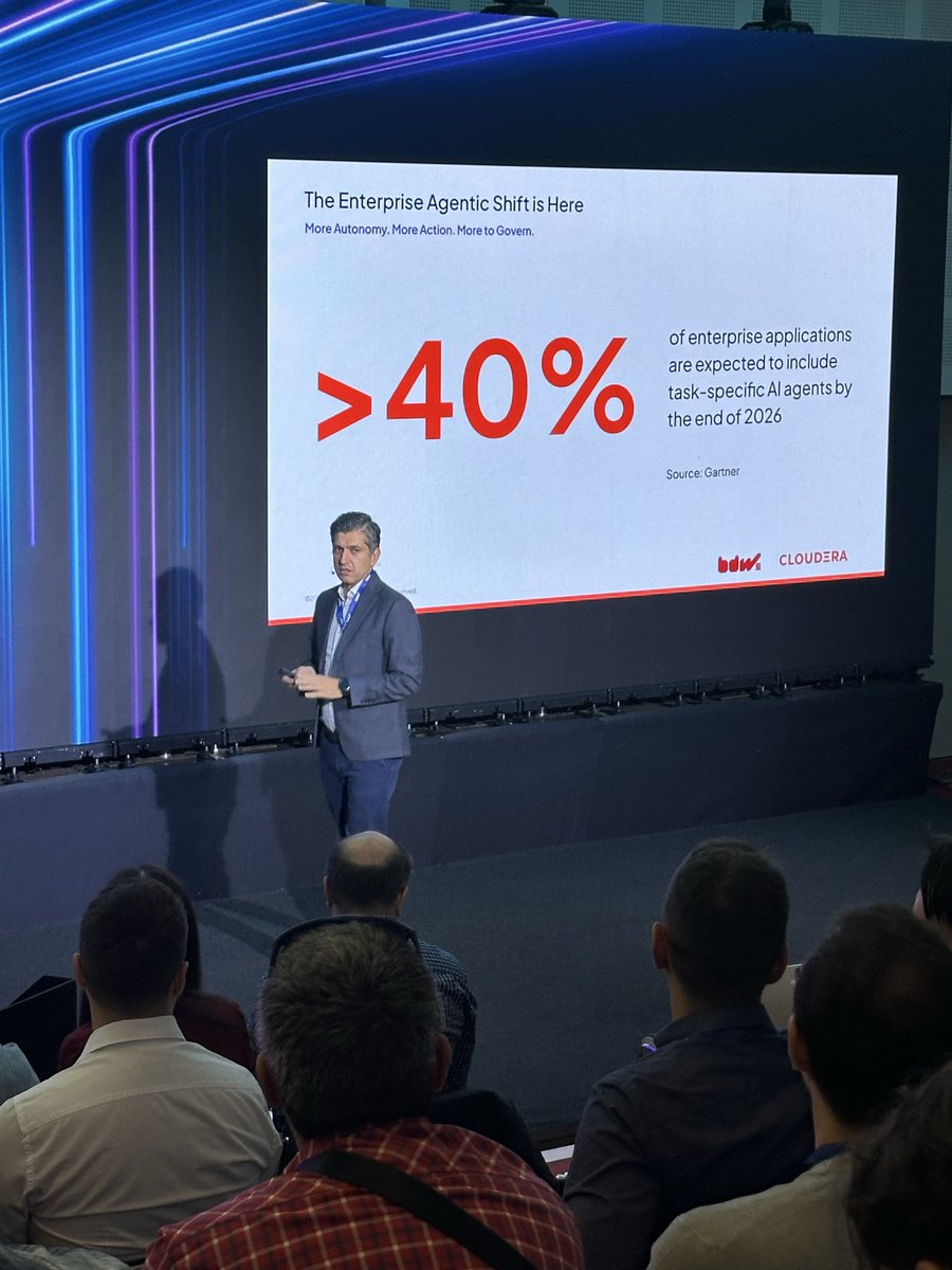 bigdataweek's tweet photo. 🔵 Charles Aad, Field CTO EMEA, @cloudera opens with the engineering behind production #AI: governed data across hybrid environments and IoT streams moving from edge to core for real-time inference. #bigdataweek #bdw2026 #bdwbucharest https://t.co/y8tSsKfYuR
