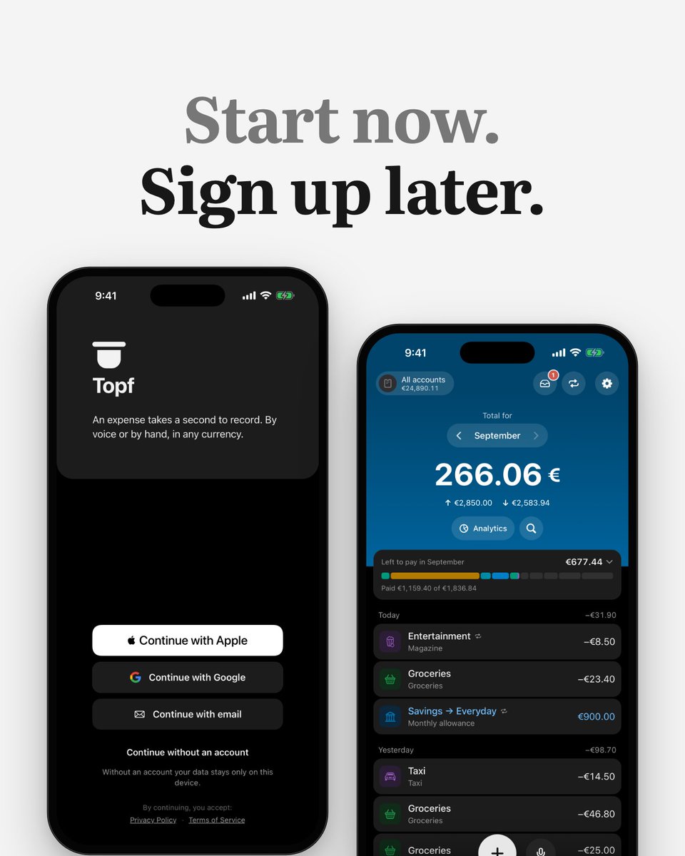 topfapp's tweet photo. You don’t need an account to use Topf. Tap “Continue without an account” and start writing things down.

The book lives on your iPhone and works without a network. Add an account later for a backup and a second device, and your book comes along. https://t.co/9i8C5MtECq