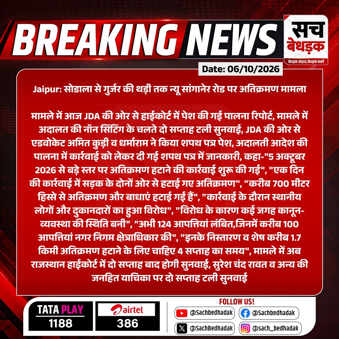 SachBedhadak's tweet photo. #Jaipur: सोडाला से गुर्जर की थड़ी तक न्यू सांगानेर रोड पर अतिक्रमण मामला

मामले में आज JDA की ओर से हाईकोर्ट में पेश की गई पालना रिपोर्ट, मामले में अदालत की नॉन...

#RajasthanWithSB #NewSanganerRoad #GurjarKiThadi #Sodala #JDA @jdajaipur #JDAAction #HighCourt https://t.co/2eN5XoShwK